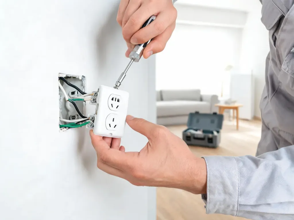 Elektryk montuje gniazdko elektryczne w nowoczesnym mieszkaniu, ilustrując zakres prac i koszt jednego punktu elektrycznego.