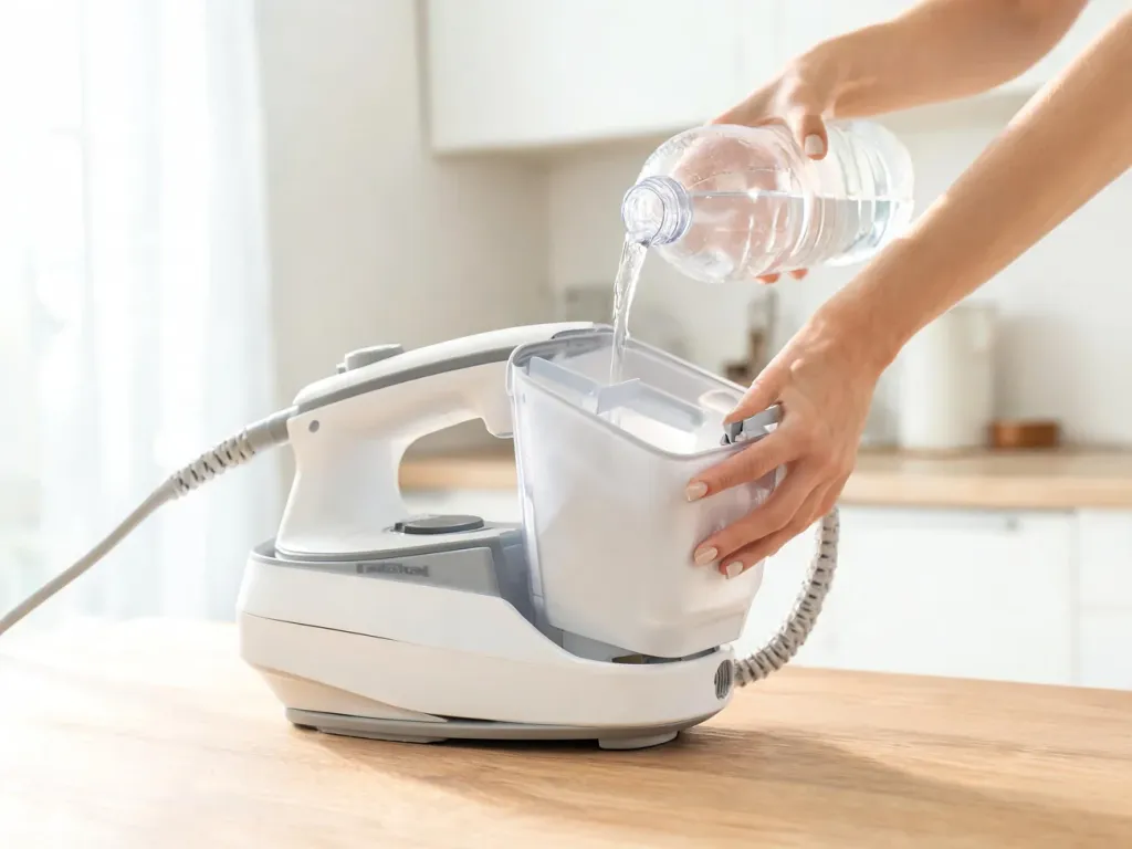 Kobieta nalewa wodę i odkamieniacz do zbiornika stacji parowej Tefal, przygotowując urządzenie do odkamieniania.
