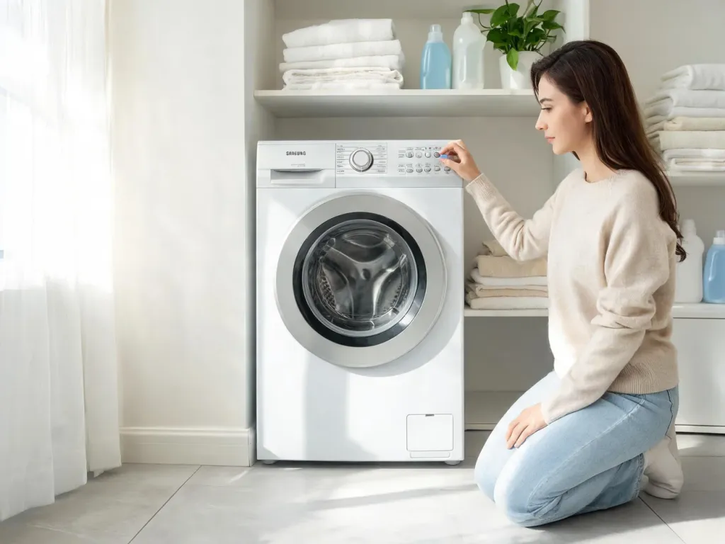 Kobieta w domowej pralni spokojnie naciska przycisk na panelu pralki Samsung, przygotowując się do jej resetowania.