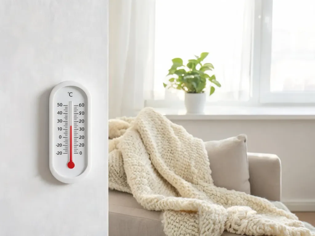 Termometr przy sofie pokazujący ok. 20°C w przytulnym, minimalistycznym salonie, podkreślając komfortową temperaturę w mieszkaniu.