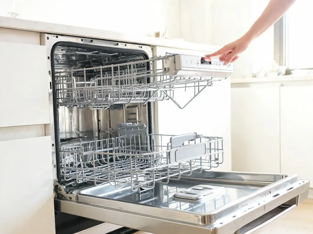 Kobieta uruchamia program czyszczenia w pustej, lśniącej zmywarce Electrolux w nowoczesnej, jasnej kuchni.