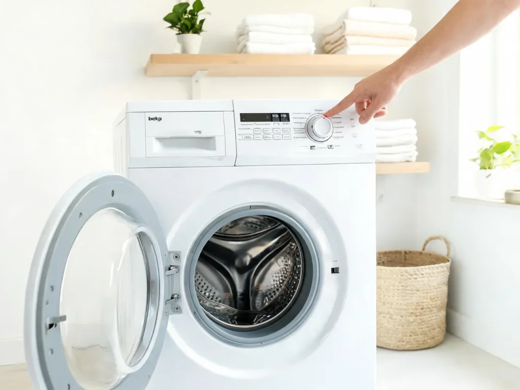 Dłoń naciska przycisk reset na nowoczesnej pralce Beko w jasnej, uporządkowanej pralni w stylu skandynawskim.
