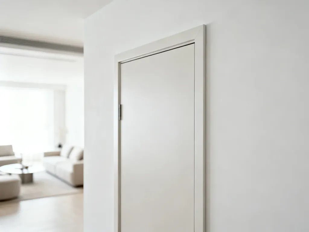 Minimalistyczne drzwi bezprzylgowe zlicowane ze ścianą, podkreślające nowoczesny design i ukryte zawiasy.