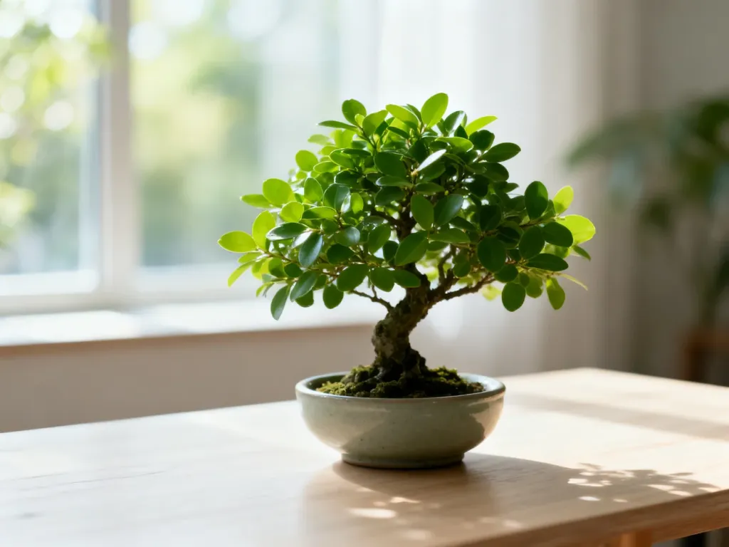 Zadbane drzewko bonsai w ceramicznej doniczce na drewnianym stole, prezentujące estetykę i spokój domowej uprawy.