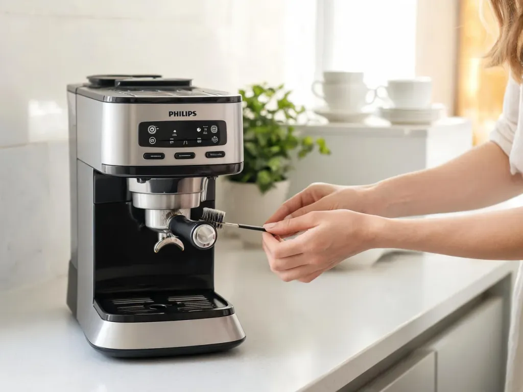 Kobieta czyści spieniacz kawy w nowoczesnym ekspresie Philips na jasnym, uporządkowanym blacie kuchennym.