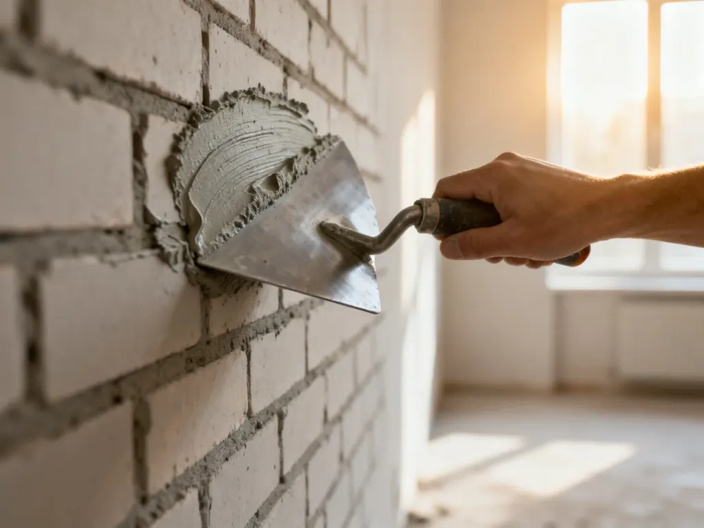 Profesjonalna paca nakłada szary tynk dekoracyjny na ceglaną ścianę, tworząc efekt betonu architektonicznego.