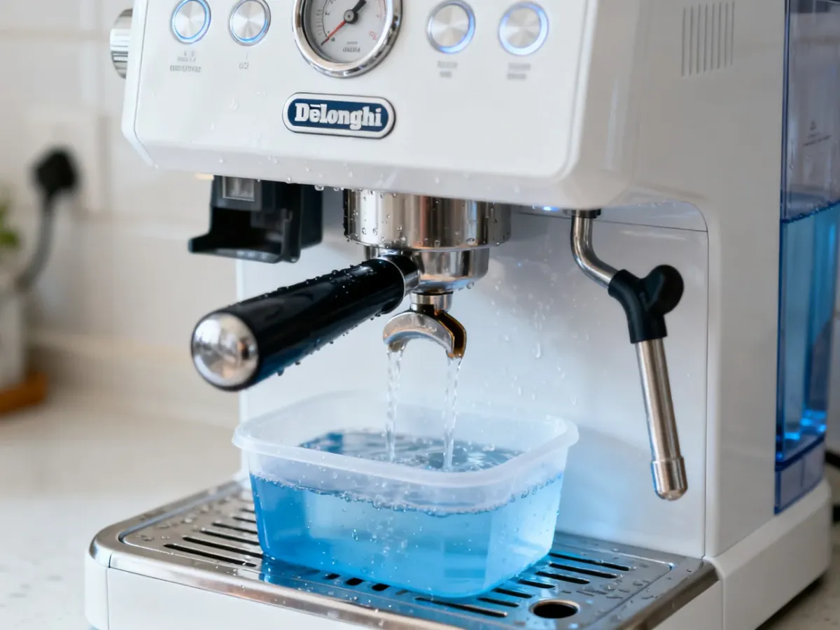 Płukanie ekspresu DeLonghi czystą wodą po odkamienianiu