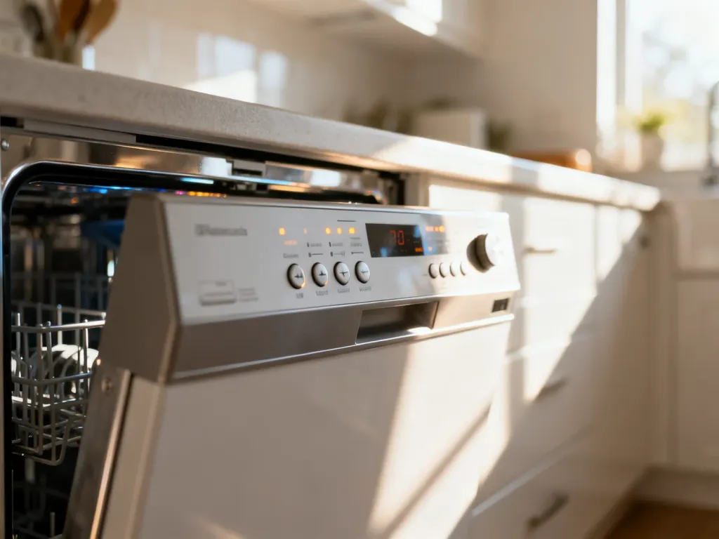 Zbliżenie na panel sterowania nowoczesnej zmywarki Beko w jasnej kuchni, ułatwiające lokalizację przycisków resetowania.