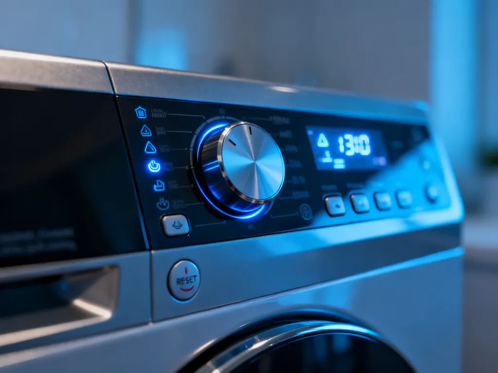 Panel sterowania nowoczesnej pralki Electrolux z podświetlanym wyświetlaczem i przyciskami w minimalistycznym wnętrzu.