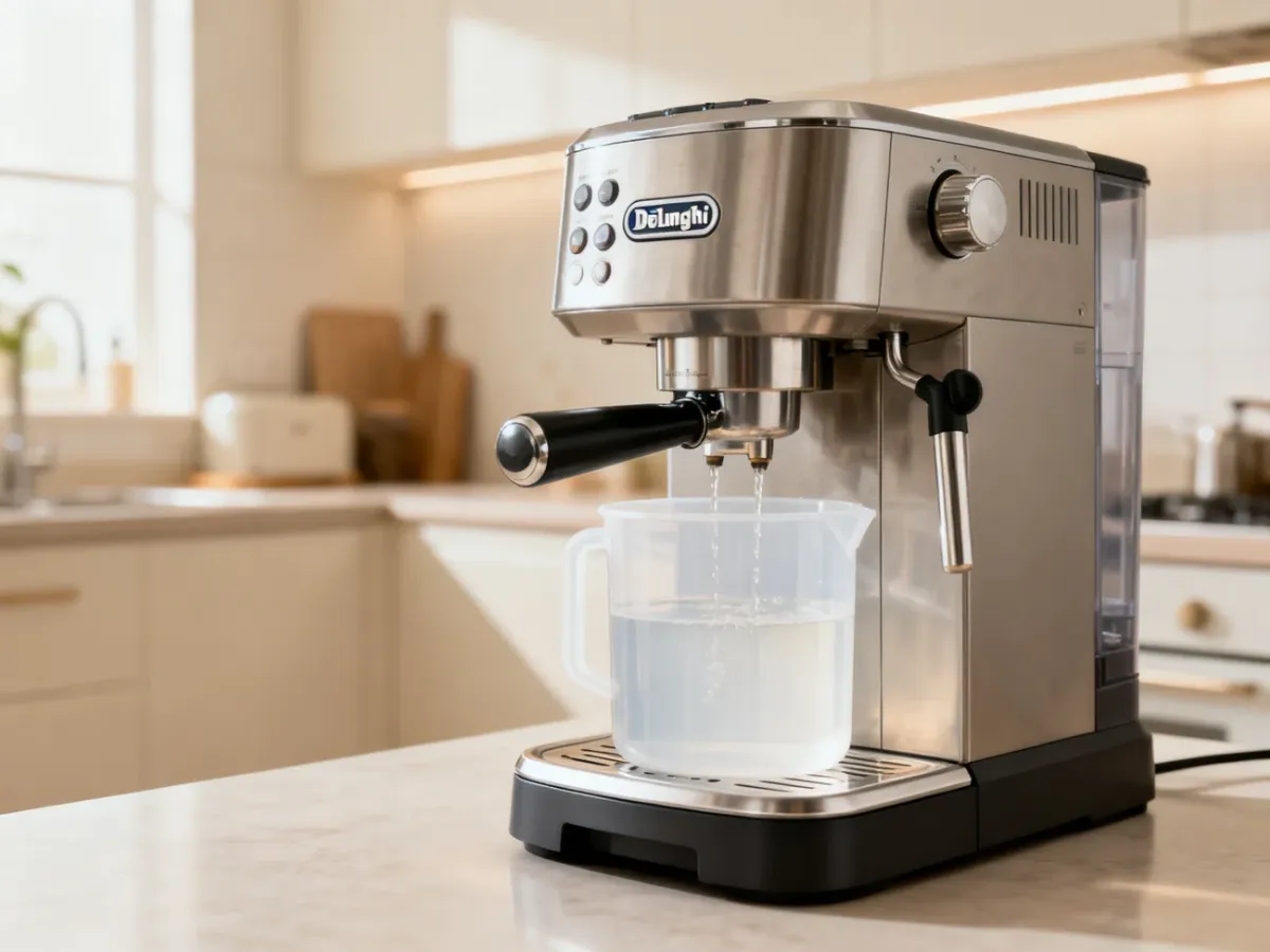Ekspres DeLonghi podczas dozowania roztworu odkamieniającego