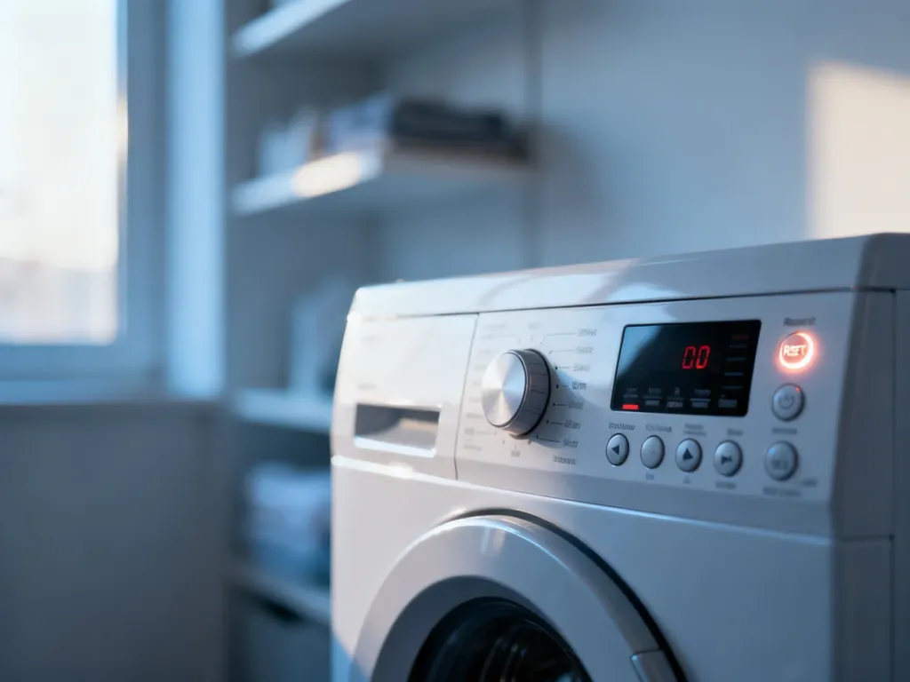 Panel sterowania pralki Indesit z podświetlanym przyciskiem resetu w nowoczesnej pralni.