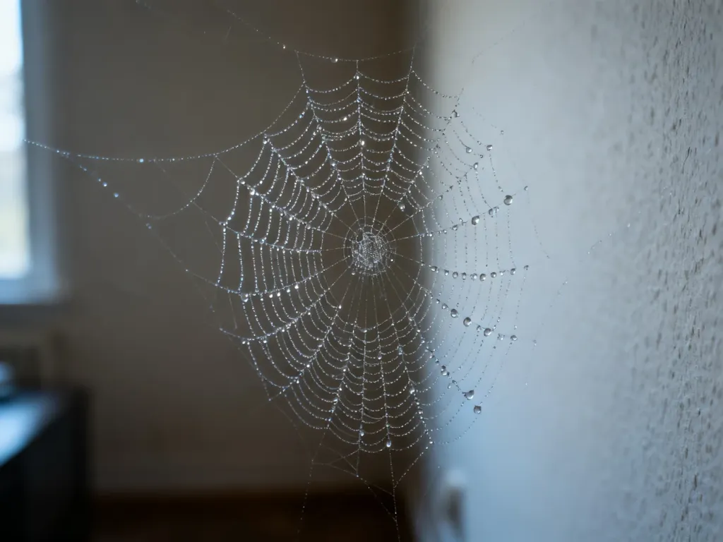 Delikatna pajęczyna z kroplami rosy w rogu pokoju, oświetlona porannym światłem wpadającym przez okno.