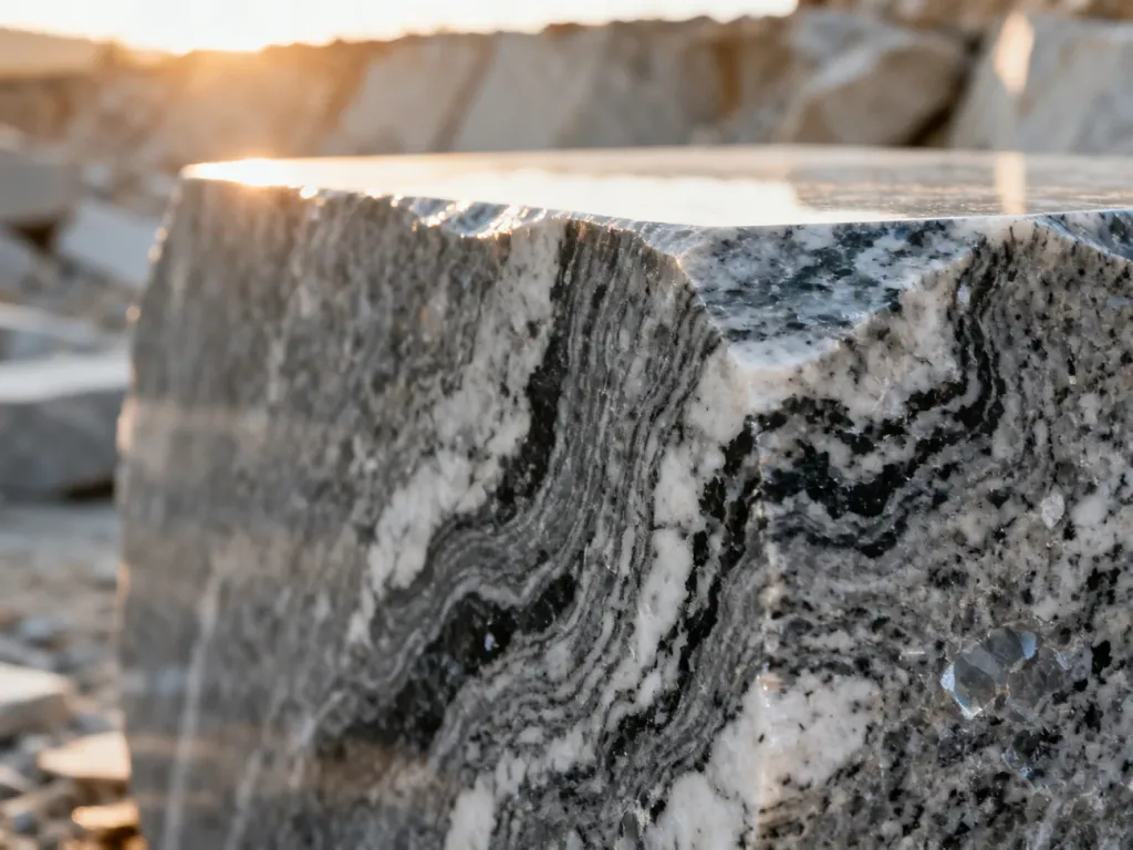 Zbliżenie na wypolerowaną płytę granitową z wyraźną strukturą szarych, czarnych i białych minerałów.
