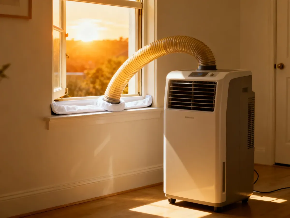 Klimatyzator przenośny z rurą wyrzutową szczelnie podłączoną do okna
