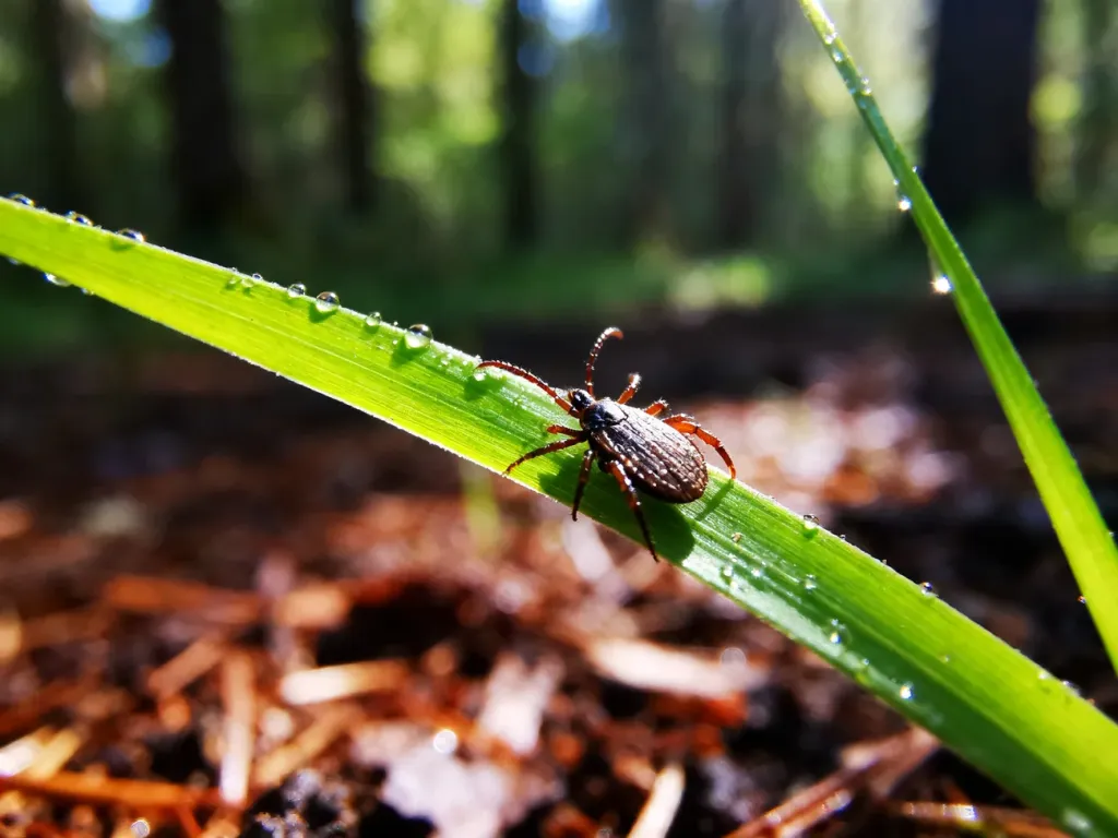 Kleszcz siedzący na źdźble trawy w porannym świetle, obrazujący naturalne środowisko występowania tych pasożytów.