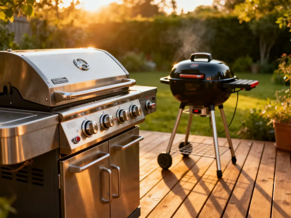 Nowoczesny grill gazowy i kompaktowy grill elektryczny ustawione obok siebie na drewnianym tarasie w ogrodzie.