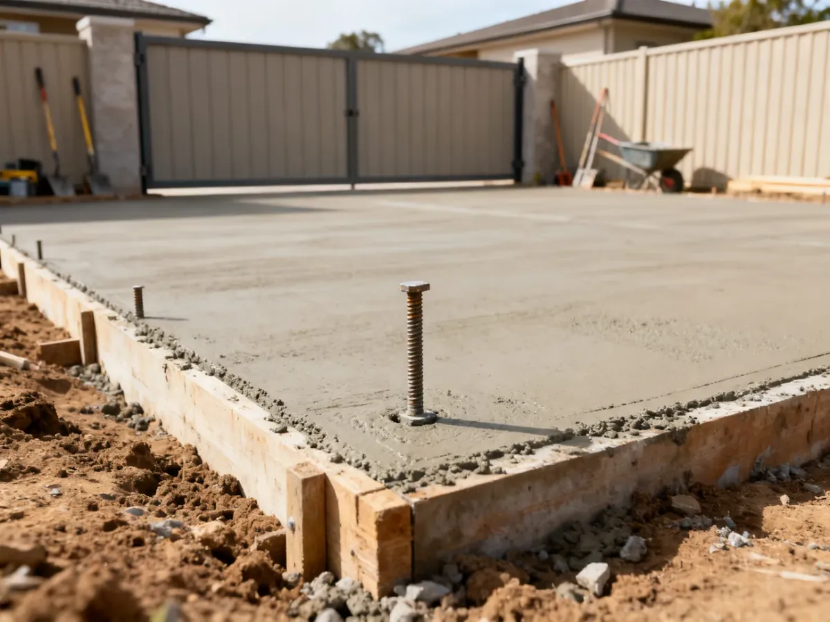 Świeży fundament betonowy z prętami kotwiącymi pod bramę przesuwną