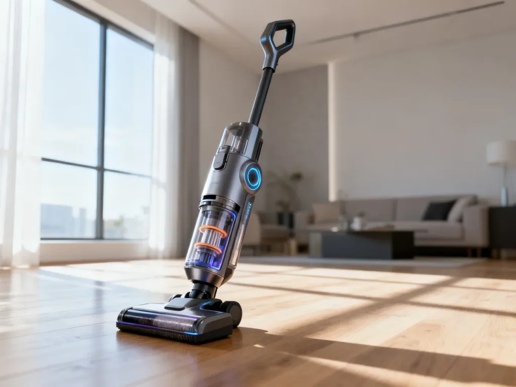Nowoczesny bezprzewodowy odkurzacz Dyson w minimalistycznym salonie, prezentujący zaawansowaną technologię cyklonową.