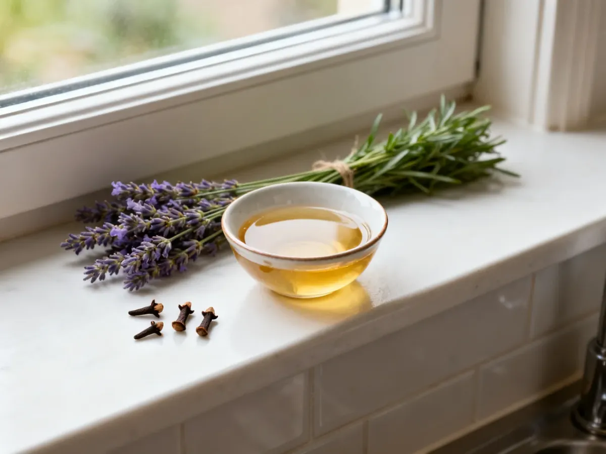 Natural fly deterrents arranged on a kitchen windowsill