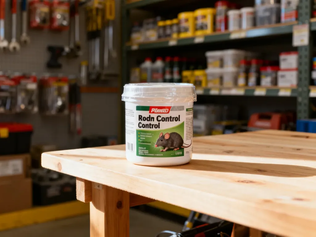 Profesjonalne opakowanie trutki na gryzonie umieszczone na drewnianym blacie w sklepie budowlanym.