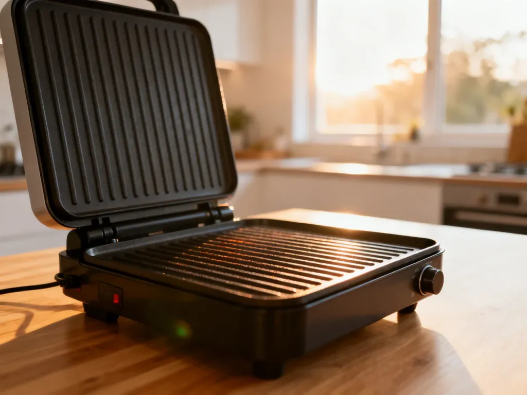 Nowoczesny grill elektryczny na drewnianym blacie w jasnej, słonecznej kuchni.