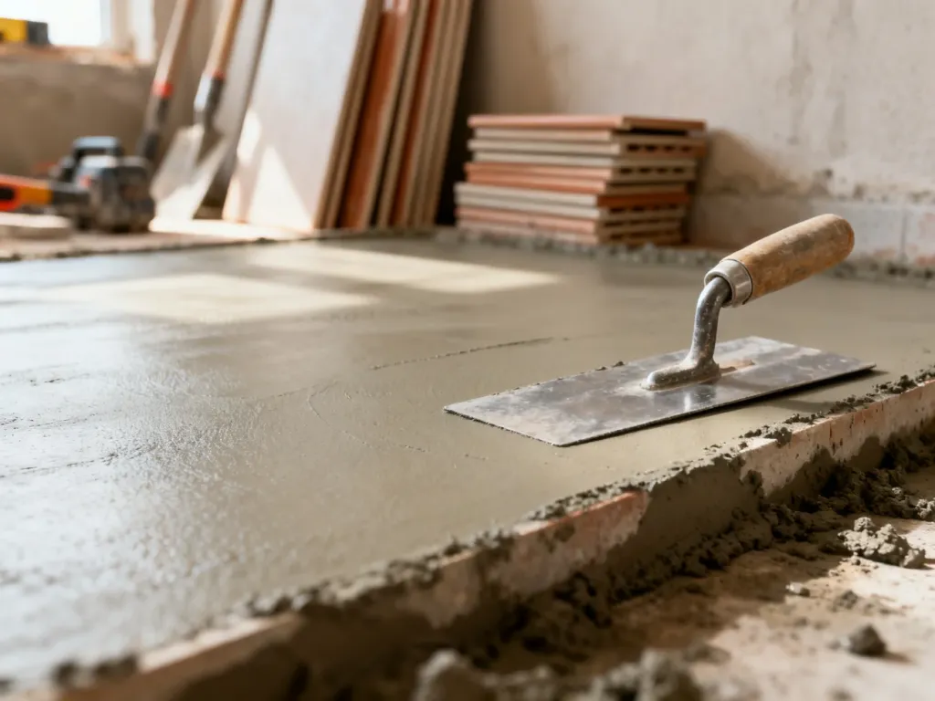 Świeżo wylana, gładka wylewka betonowa z kielnią, przygotowana do układania płytek ceramicznych.