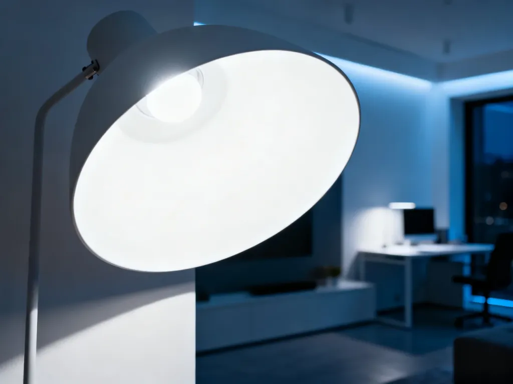 Nowoczesna lampa podłogowa o szerokim kloszu, zapewniająca jasne, chłodne oświetlenie w minimalistycznym salonie.