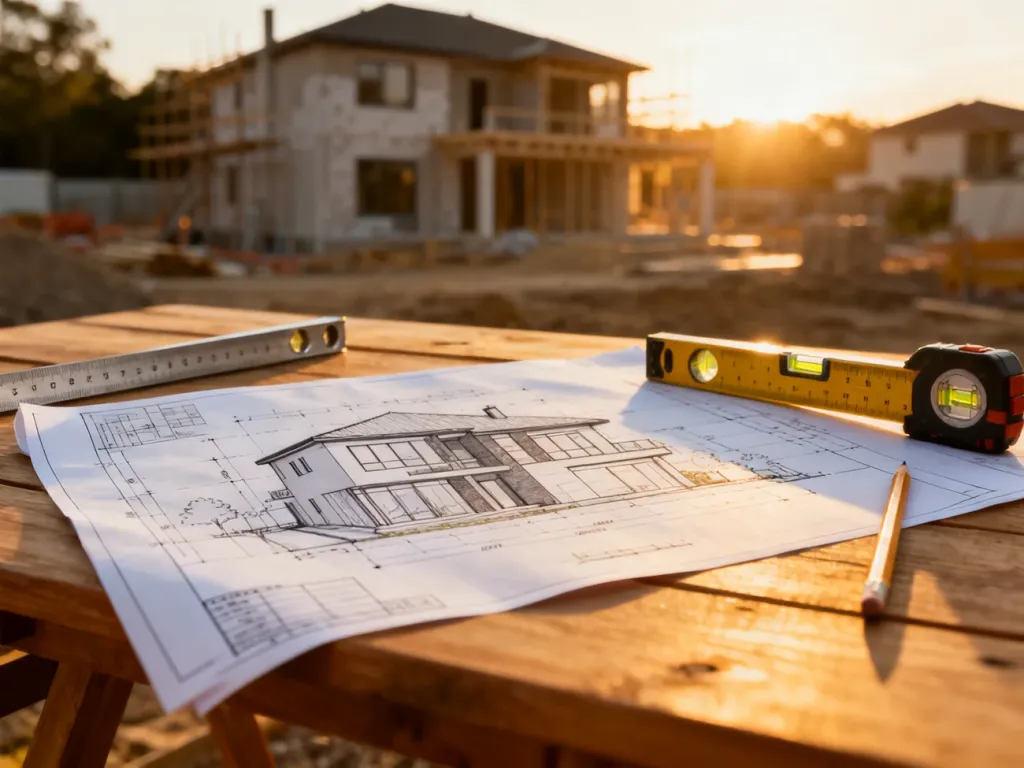 Projekt architektoniczny domu na drewnianym stole z narzędziami budowlanymi, w tle plac budowy w promieniach słońca.