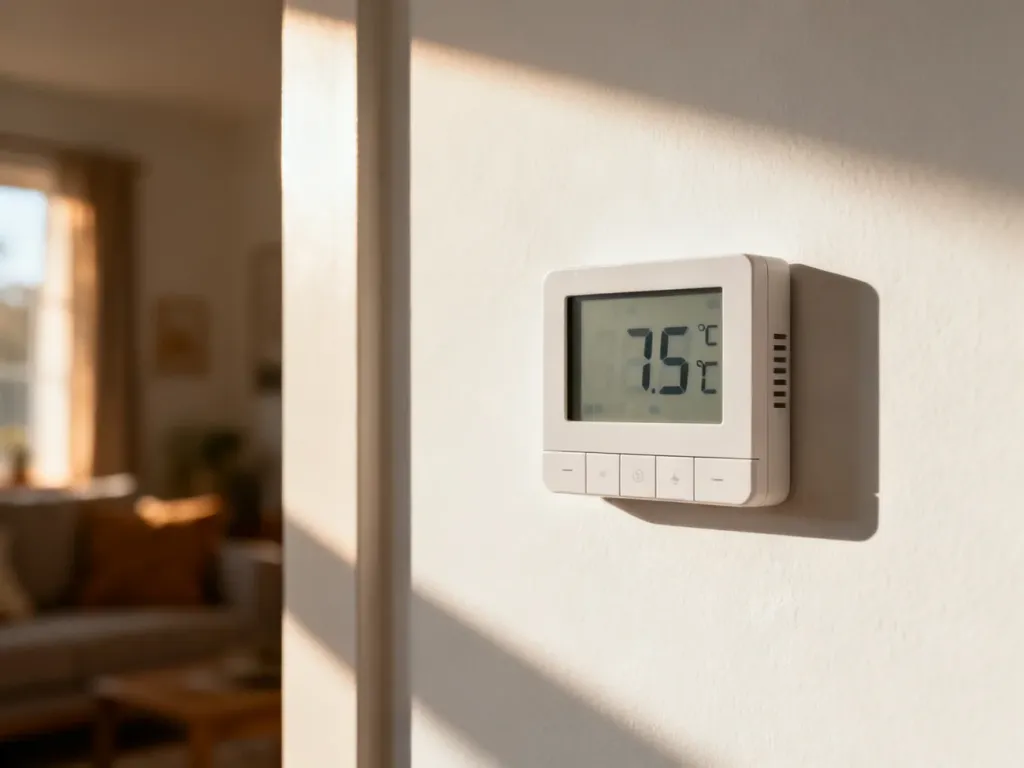 Nowoczesny termostat cyfrowy zamontowany na ścianie, wyświetlający aktualną temperaturę w pomieszczeniu.