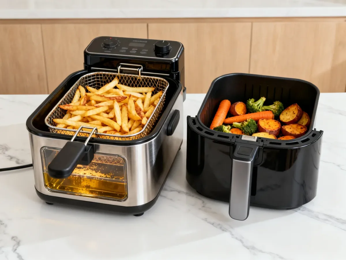 Klasyczna frytkownica olejowa i air fryer z gotowymi potrawami na kuchennym blacie