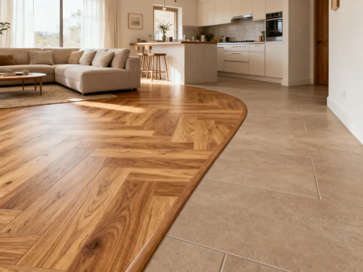 Salon z naturalnym parkietem przechodzącym w gres drewnopodobny