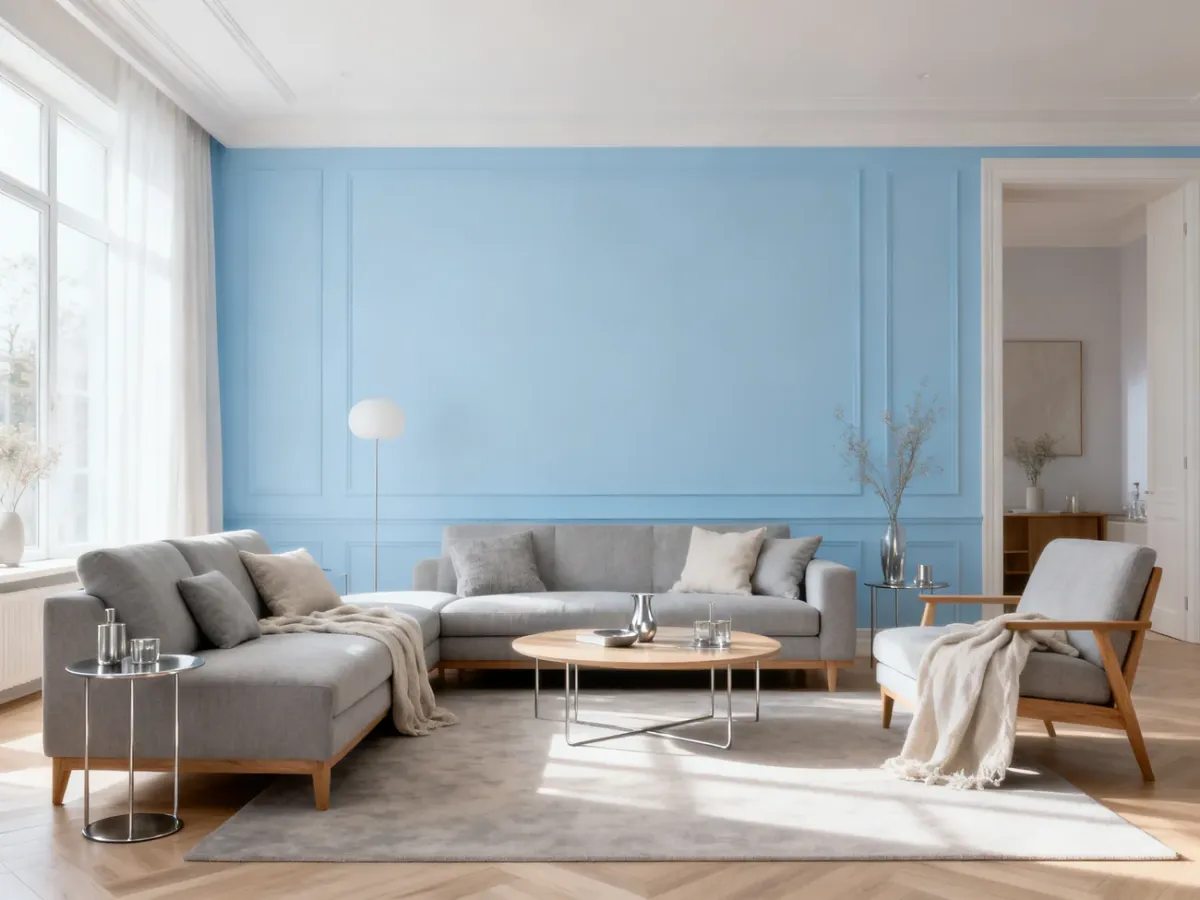 Elegancki salon w pastelowych kolorach z drewnem i metalicznymi dodatkami