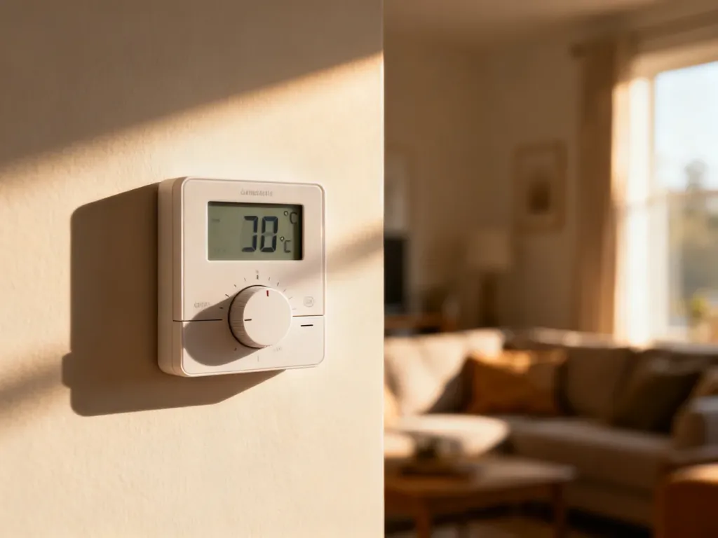 Nowoczesny termostat cyfrowy na ścianie z ustawioną komfortową temperaturą w przytulnym salonie.