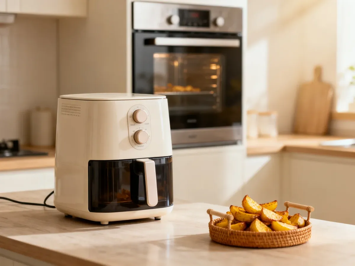 Kompaktowy air fryer stojący obok piekarnika w jasnej kuchni