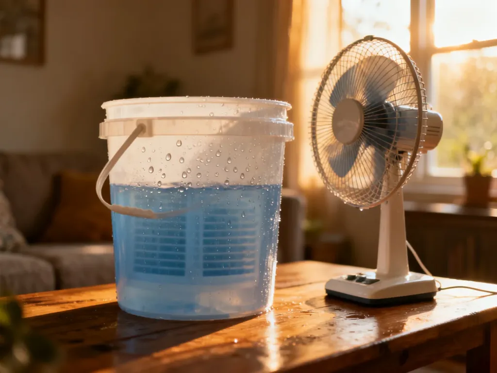Domowa klimatyzacja wykonana z plastikowego wiadra i wentylatora, stojąca na drewnianym stole w nasłonecznionym salonie.