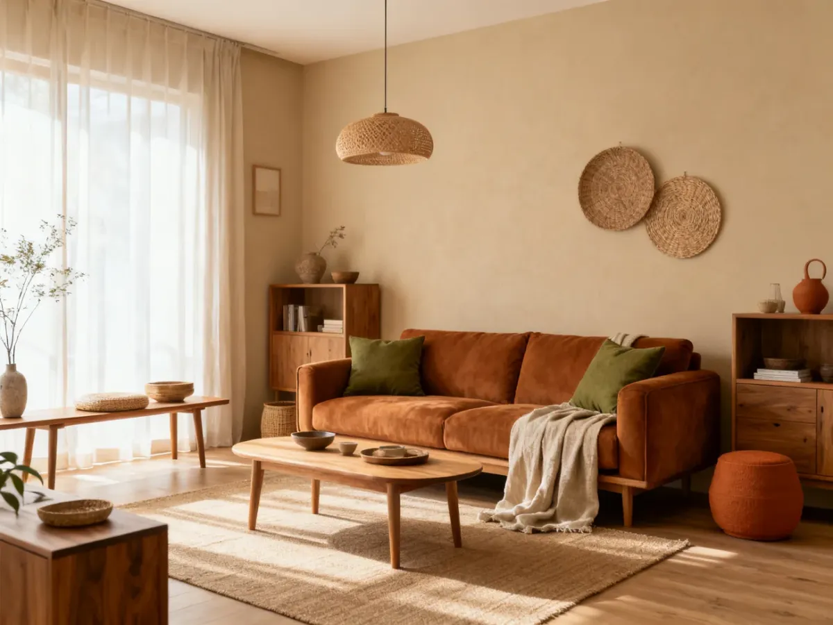 Przytulny salon w naturalnych kolorach ziemi z drewnem, beżami i oliwkowymi dodatkami