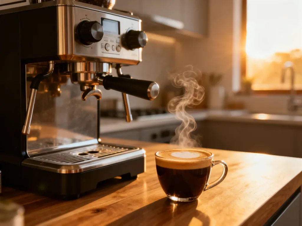 Profesjonalny ekspres do kawy z filiżanką świeżego espresso na drewnianym blacie w słonecznej kuchni.