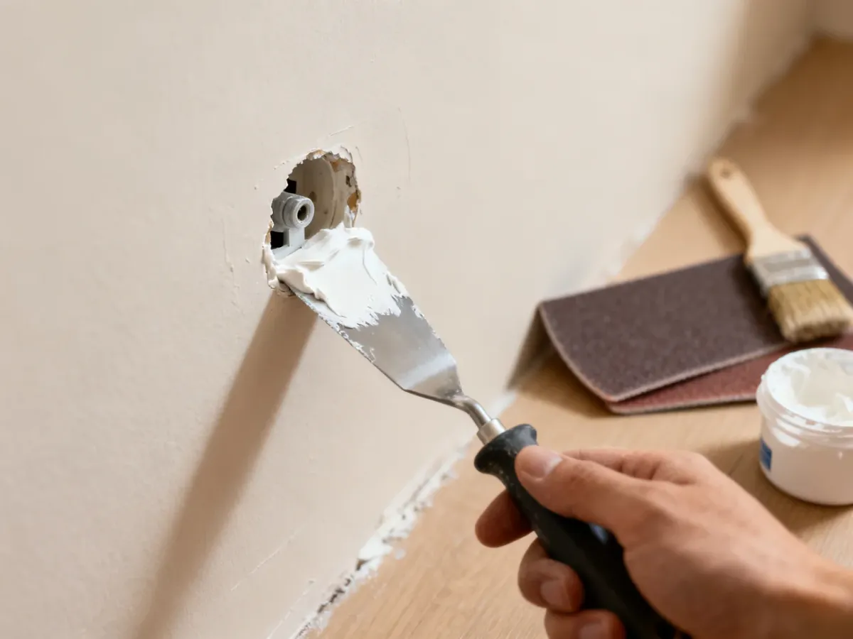Wypełnianie małego otworu w ścianie masą szpachlową