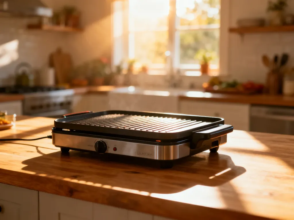 Nowoczesny grill elektryczny na drewnianym blacie w słonecznej, przytulnej kuchni.