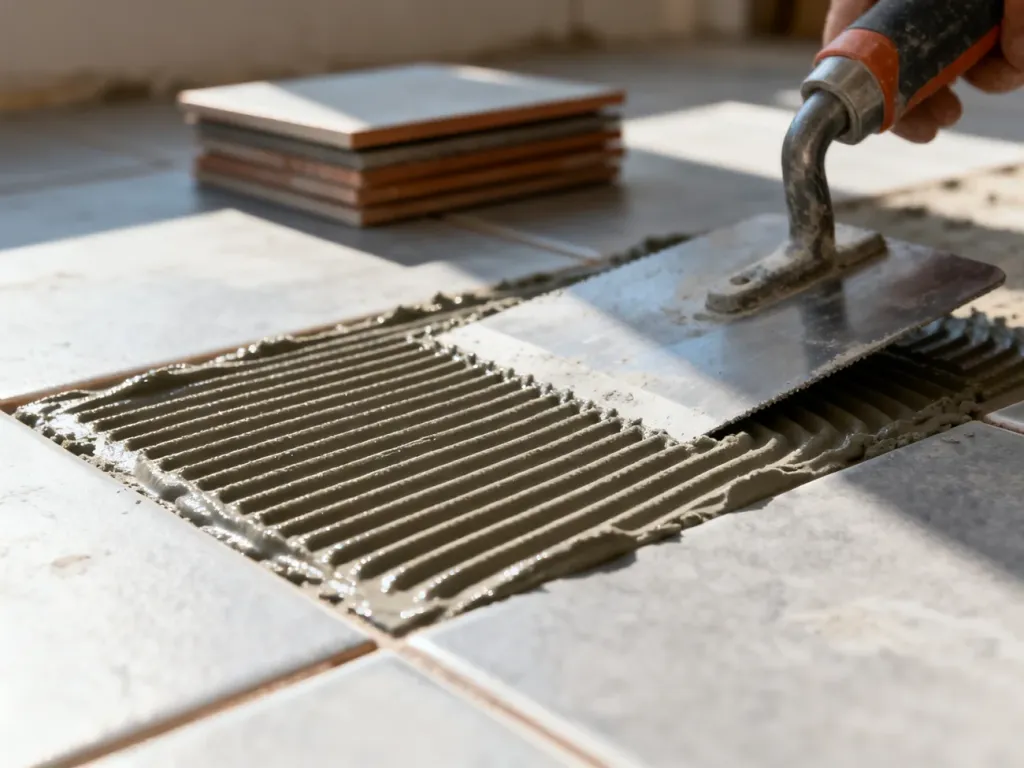 Warstwa kleju nałożona pacą zębatą na stare płytki ceramiczne, przygotowana pod montaż nowej okładziny.