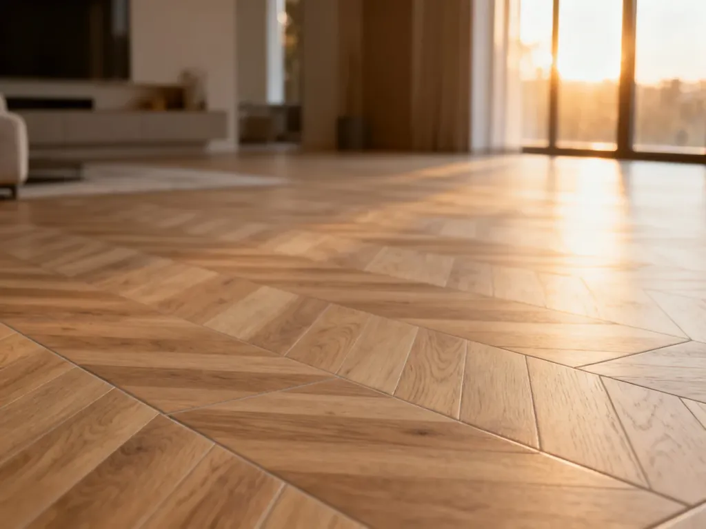 Nowoczesny salon z podłogą z płytek ceramicznych imitujących jasny dąb, ułożonych w elegancki wzór jodełki.