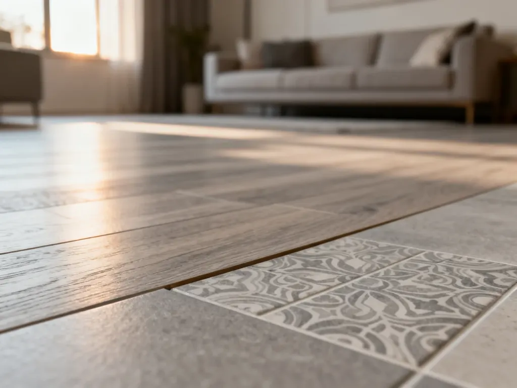 Zbliżenie na nowoczesne panele laminowane o wzorze płytek ceramicznych w minimalistycznym, słonecznym salonie.