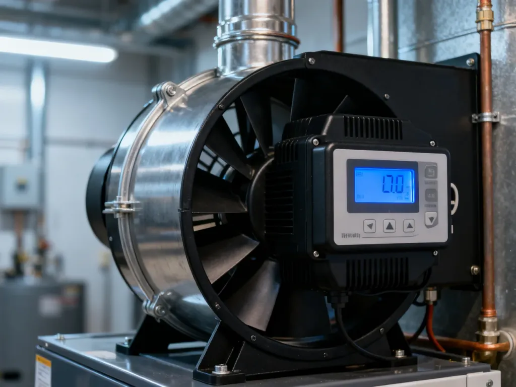 Nowoczesny wentylator do pieca CO z elektronicznym sterownikiem zamontowany w kotłowni.