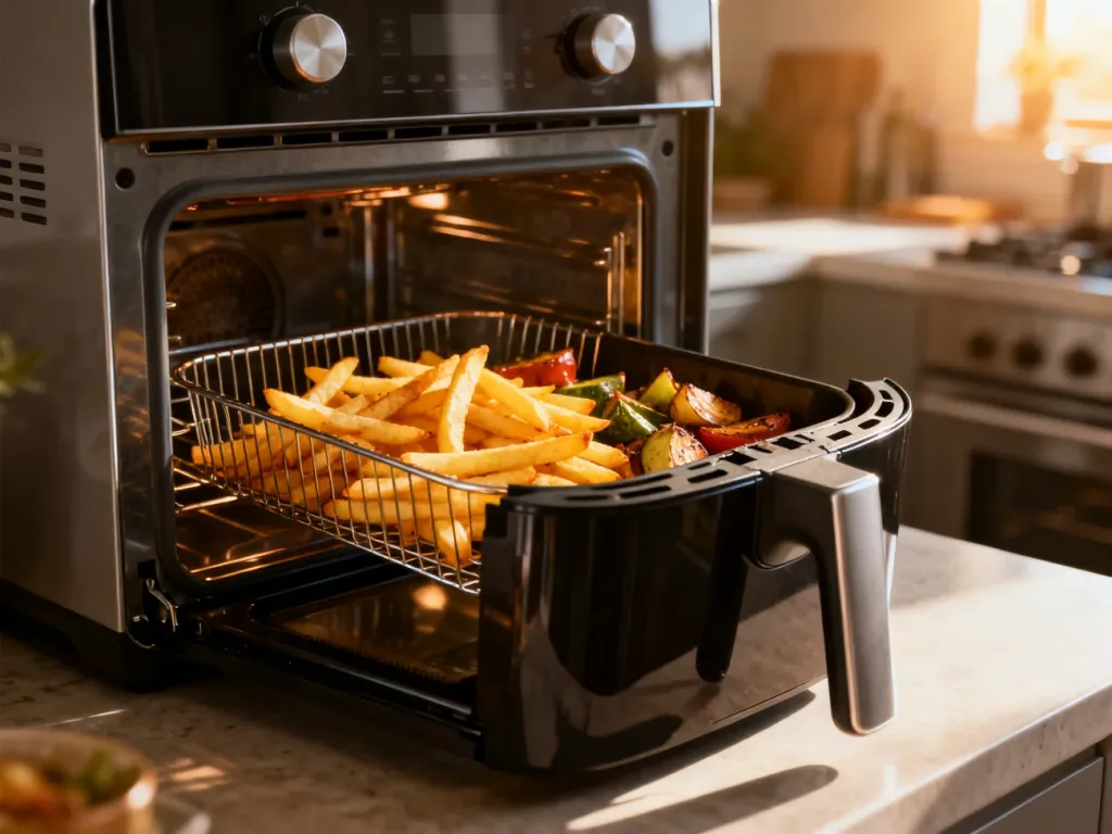 Nowoczesny piekarnik z funkcją air fryer, w którym przygotowuje się chrupiące frytki i pieczone warzywa.