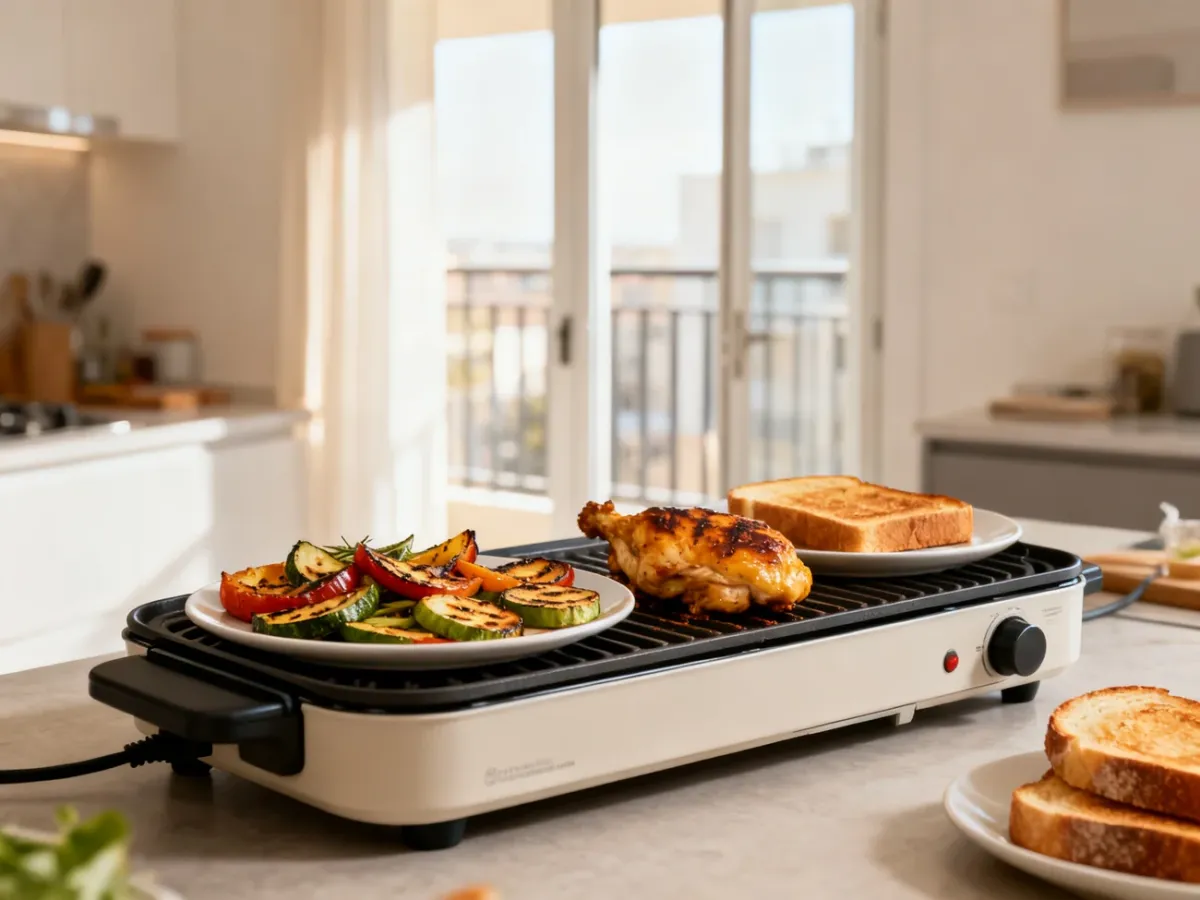 Kompaktowy grill elektryczny z grillowanymi potrawami w jasnej kuchni