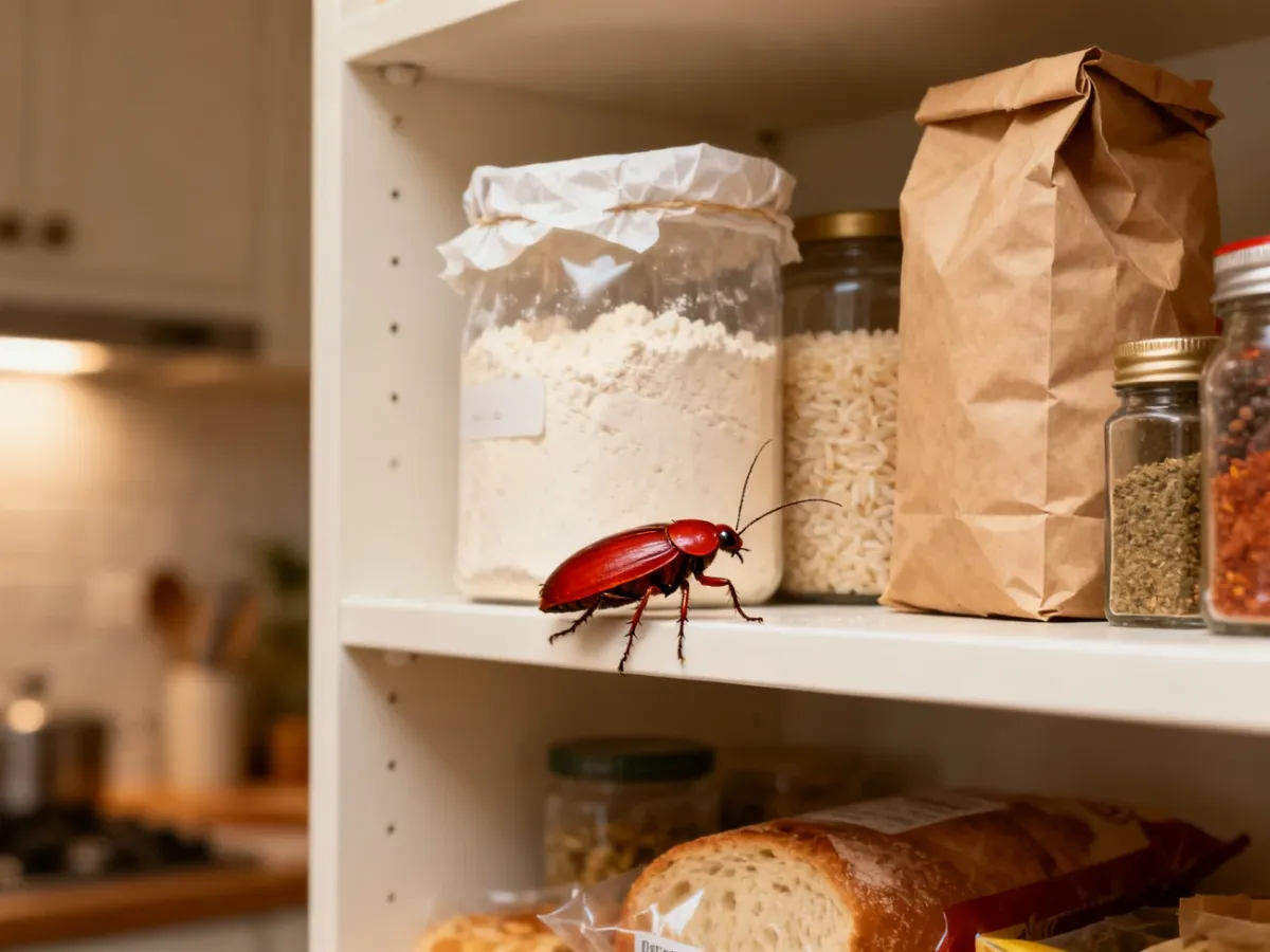 Mały brązowy żywiak chlebowiec na półce spiżarni obok suchych produktów