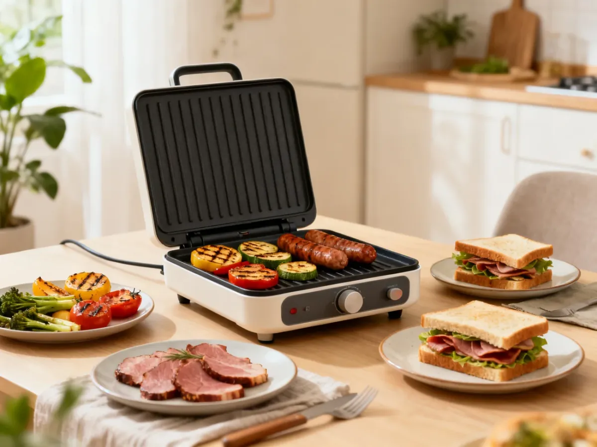 Otwarty grill elektryczny z różnymi potrawami na stole w kuchni