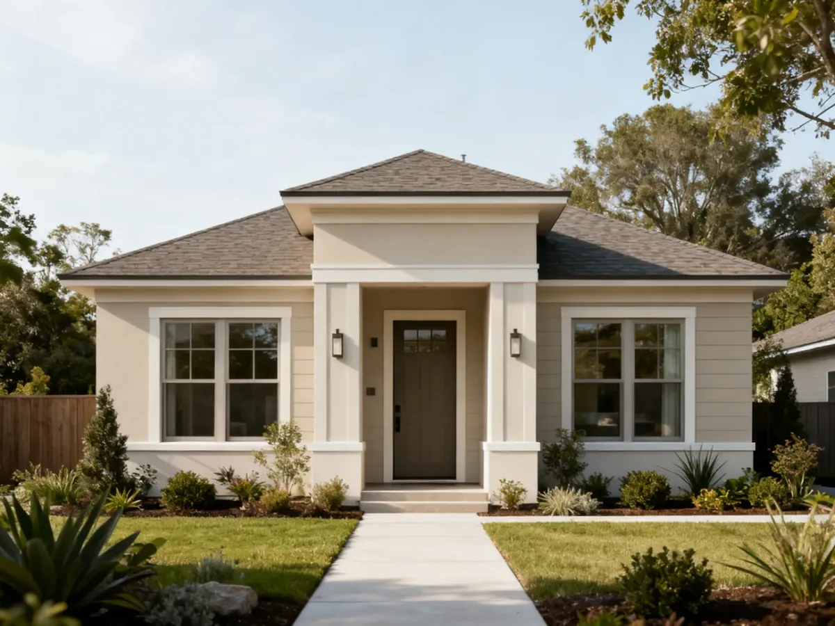 Front facade of a modern single-family house with a main entrance and architectural details