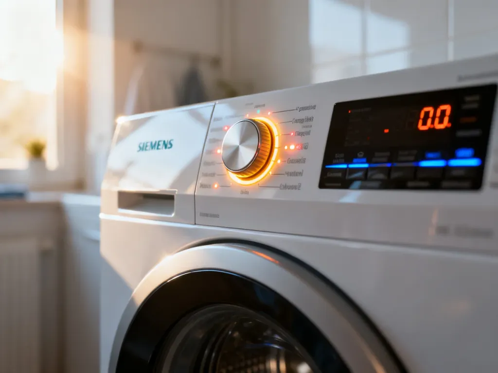 Panel sterowania pralki Siemens z podświetlanym wyświetlaczem i pokrętłem wyboru programów.