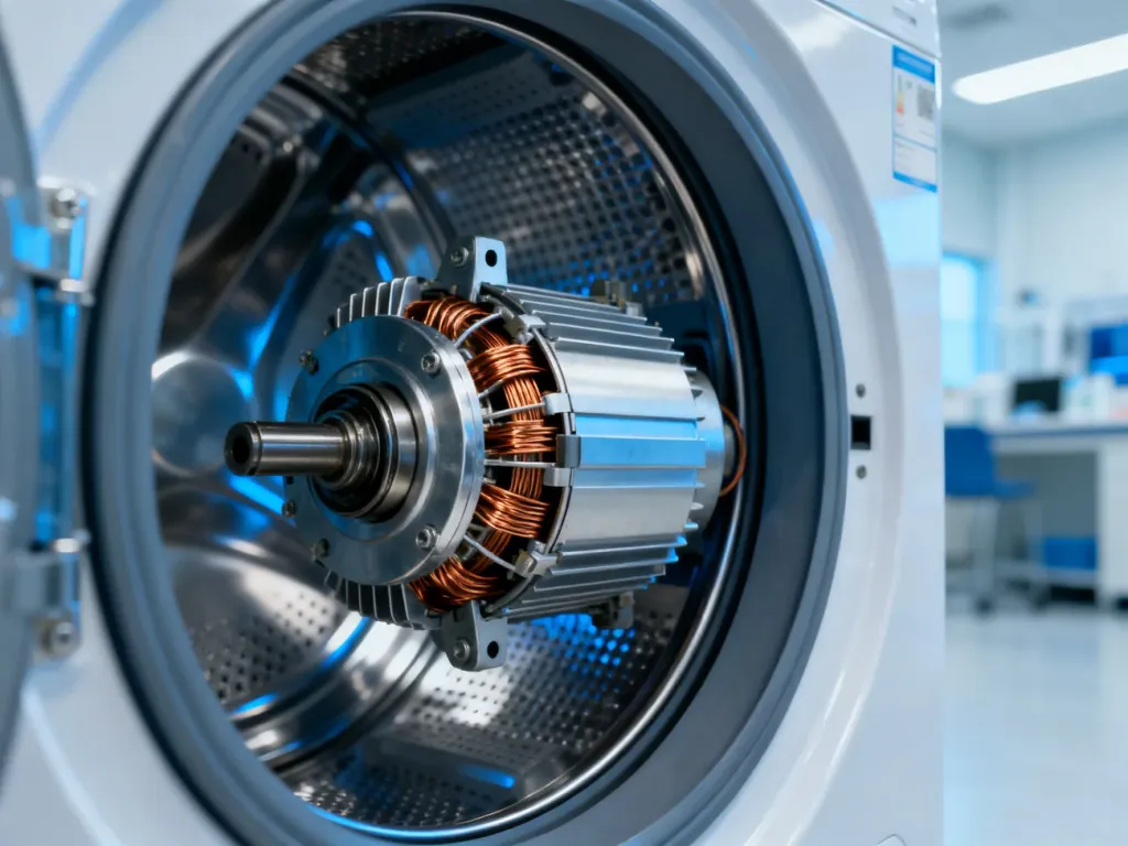 Nowoczesny silnik inwerterowy z miedzianymi uzwojeniami, ukazujący precyzyjną konstrukcję mechanizmu pralki.